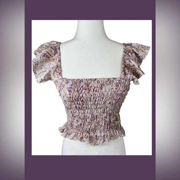 Perry Walker Collective Purple & Yellow Silk Floral Smocked Ruffle Sleeve Top - Picture 4 of 10